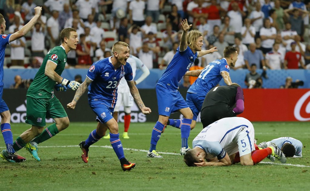 Iceland players celebrate winning at the end of the Euro 2016 round of 16 soccer match between England and Iceland, at the Allianz Riviera stadium in Nice, France, Monday, June 27, 2016. (AP Photo/Kirsty Wigglesworth) Iceland players celebrate winning at the end of the Euro 2016 round of 16 soccer match between England and Iceland, at the Allianz Riviera stadium in Nice, France, Monday, June 27, 2016. (AP Photo/Kirsty Wigglesworth)