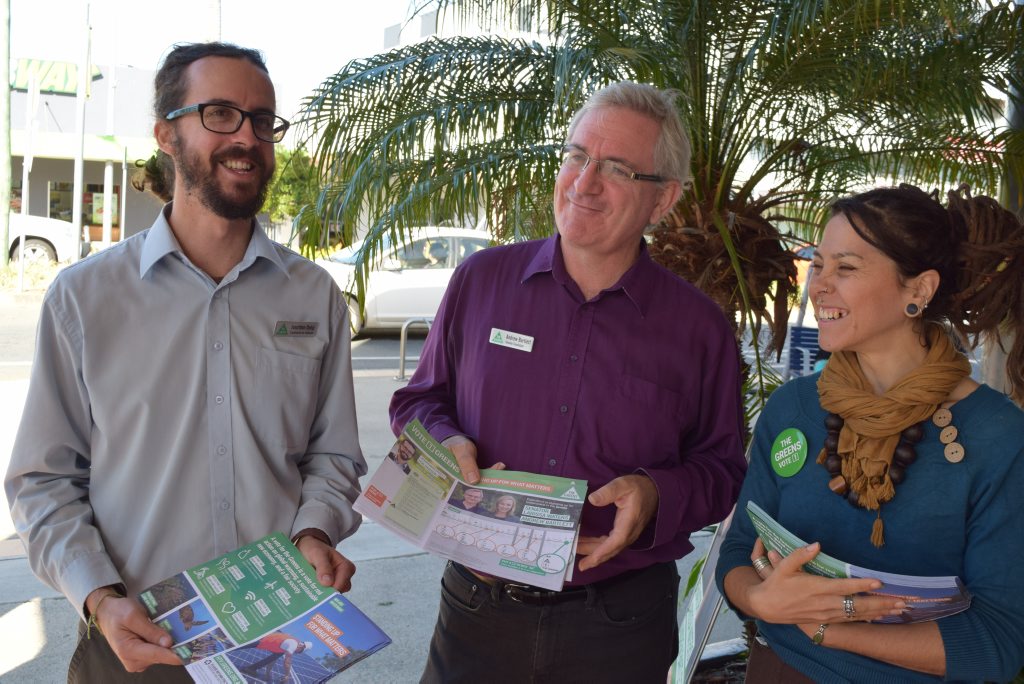 Greens Federal Dawson candidate Jonathon Dykyj, Senate candidate Andrew Bartlett and Federal Capricornia candidate Kate Giamarelos.Photo: Emily Smith Greens Federal Dawson candidate Jonathon Dykyj, Senate candidate Andrew Bartlett and Federal Capricornia candidate Kate Giamarelos.Photo: Emily Smith