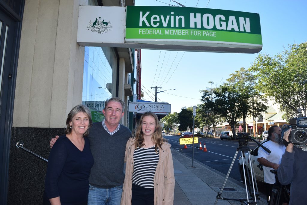 HAPPY FAMILIES: Kevin Hogan with wife Karen and daughter, weary but happy after declaring victory after the tight election results in Page. HAPPY FAMILIES: Kevin Hogan with wife Karen and daughter, weary but happy after declaring victory after the tight election results in Page.