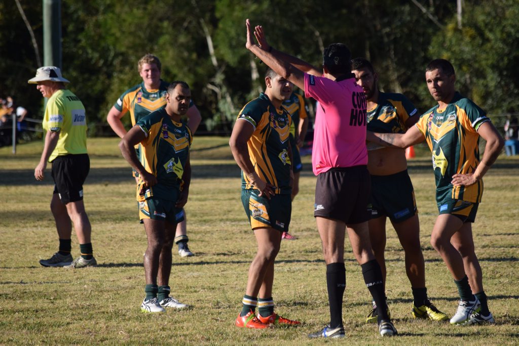 Image for sale: Orara Valley Axemen halfback Ant Cowan is ordered to take a 10 minute rest courtesy of a sin binning from referee Lloyd Lynwood in the match against the Grafton Ghosts. Group 2 rugby league Photo: Brad Greenshields/Coffs Coast Advocate