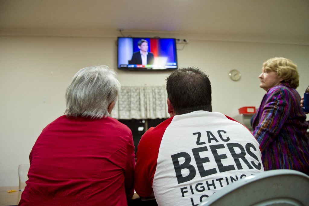 Zac Beers supporters' Shelly Holzheimer mayor Matt Burnett have their eyes firmly focused on the TV screen. Zac Beers supporters' Shelly Holzheimer mayor Matt Burnett have their eyes firmly focused on the TV screen.