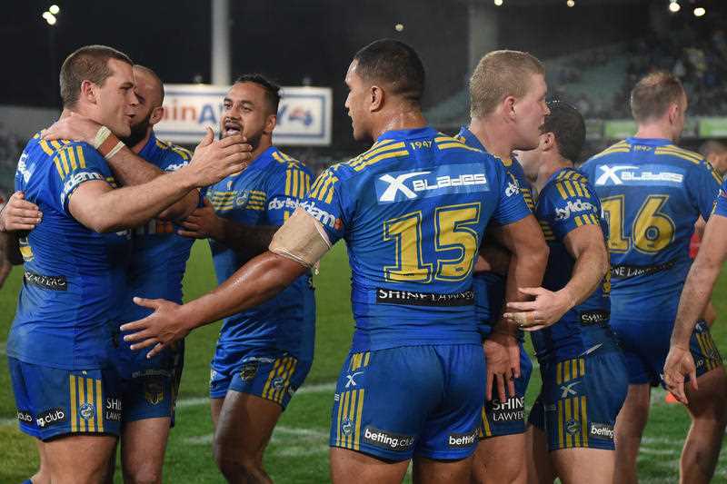 The Eels celebrate their win over the Roosters during their round 18 NRL match between the Parramatta Eels and the Sydney Roosters at Pirtek Stadium in Sydney, Friday, July 8, 2016. The Eels celebrate their win over the Roosters during their round 18 NRL match between the Parramatta Eels and the Sydney Roosters at Pirtek Stadium in Sydney, Friday, July 8, 2016.
