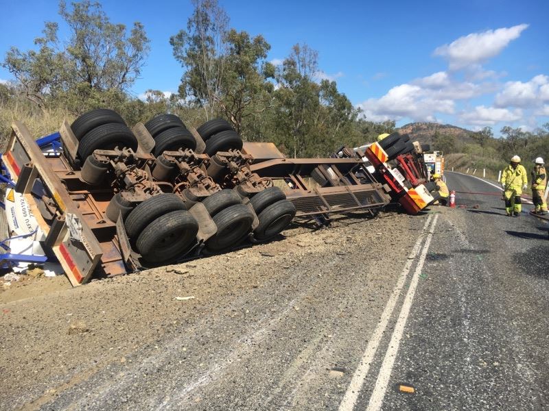 A truck carrying the explosive chemical ammonium nitrate has rolled outside of Westwood, blocking the Capricorn Highway. Clayton's Towing in Rockhampton are working on the recovery.
A truck carrying the explosive chemical ammonium nitrate has rolled outside of Westwood, blocking the Capricorn Highway. Clayton's Towing in Rockhampton are working on the recovery.