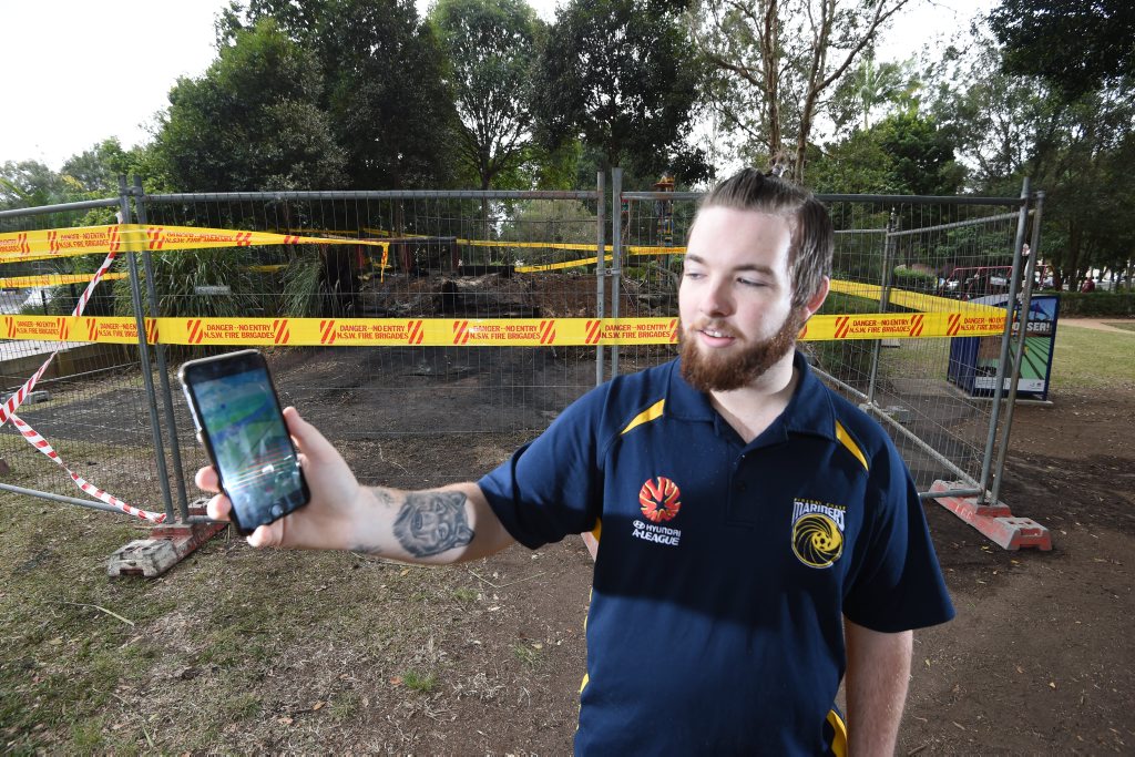 Matthew Hanlon, of Lismore, was Pokemon Go when he saw the fire that engulfed play equipment at Heritage Park. Photo Marc Stapelberg / The Northern Star Matthew Hanlon, of Lismore, was Pokemon Go when he saw the fire that engulfed play equipment at Heritage Park. Photo Marc Stapelberg / The Northern Star