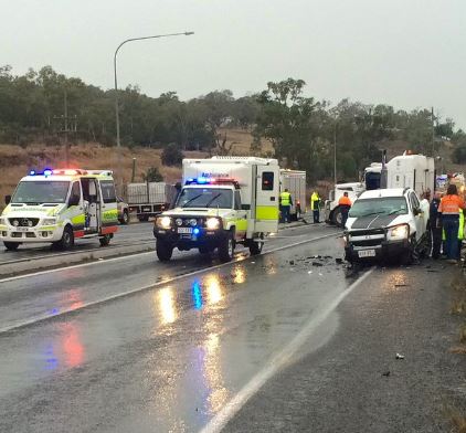 The scene at the crash near Oakey on the Warrego hwy. The scene at the crash near Oakey on the Warrego hwy.