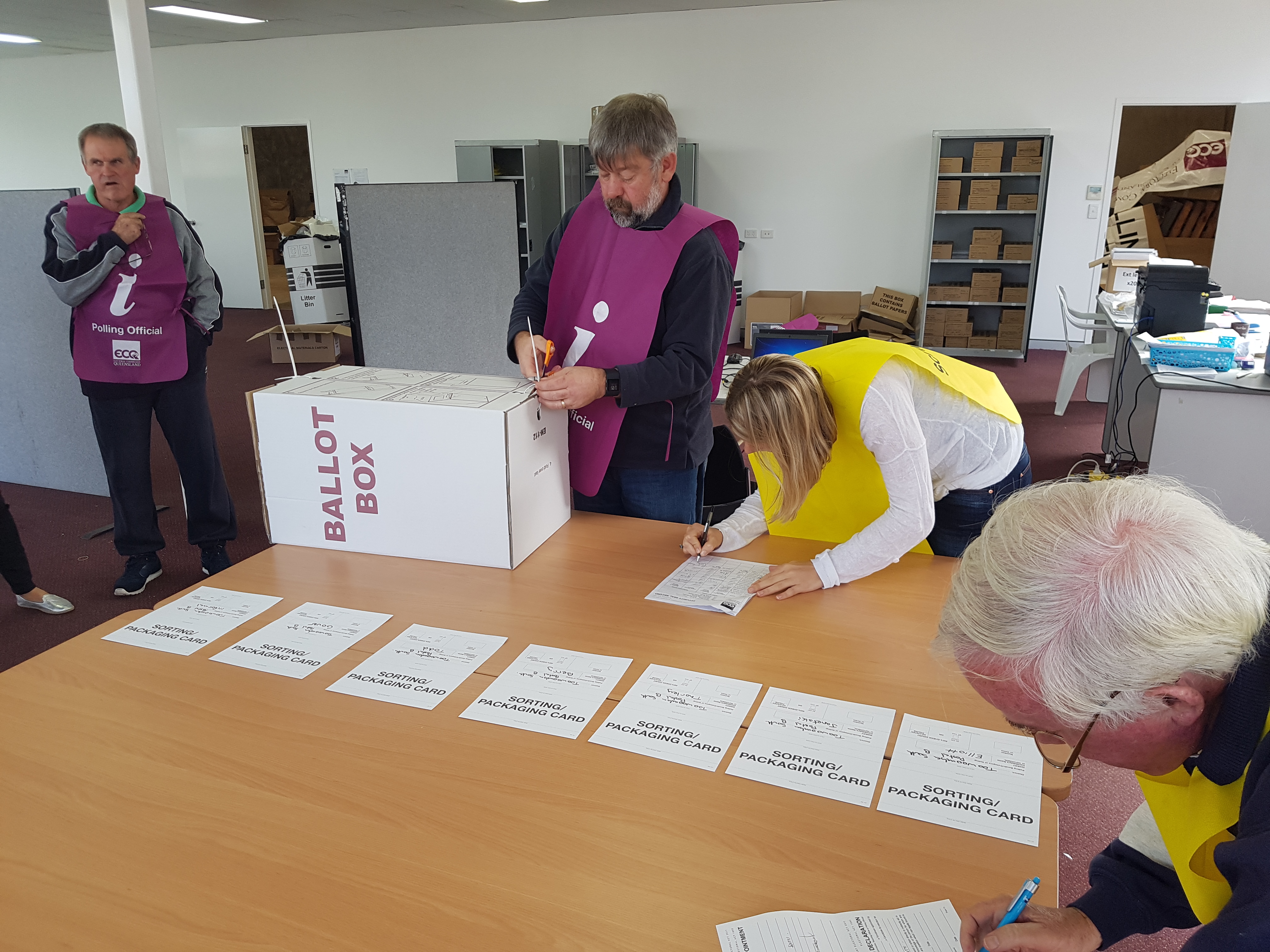 Returning officer Peter O'Sullivan prepares to count postal votes from the Toowoomba South by-election, 2016. Returning officer Peter O'Sullivan prepares to count postal votes from the Toowoomba South by-election, 2016.