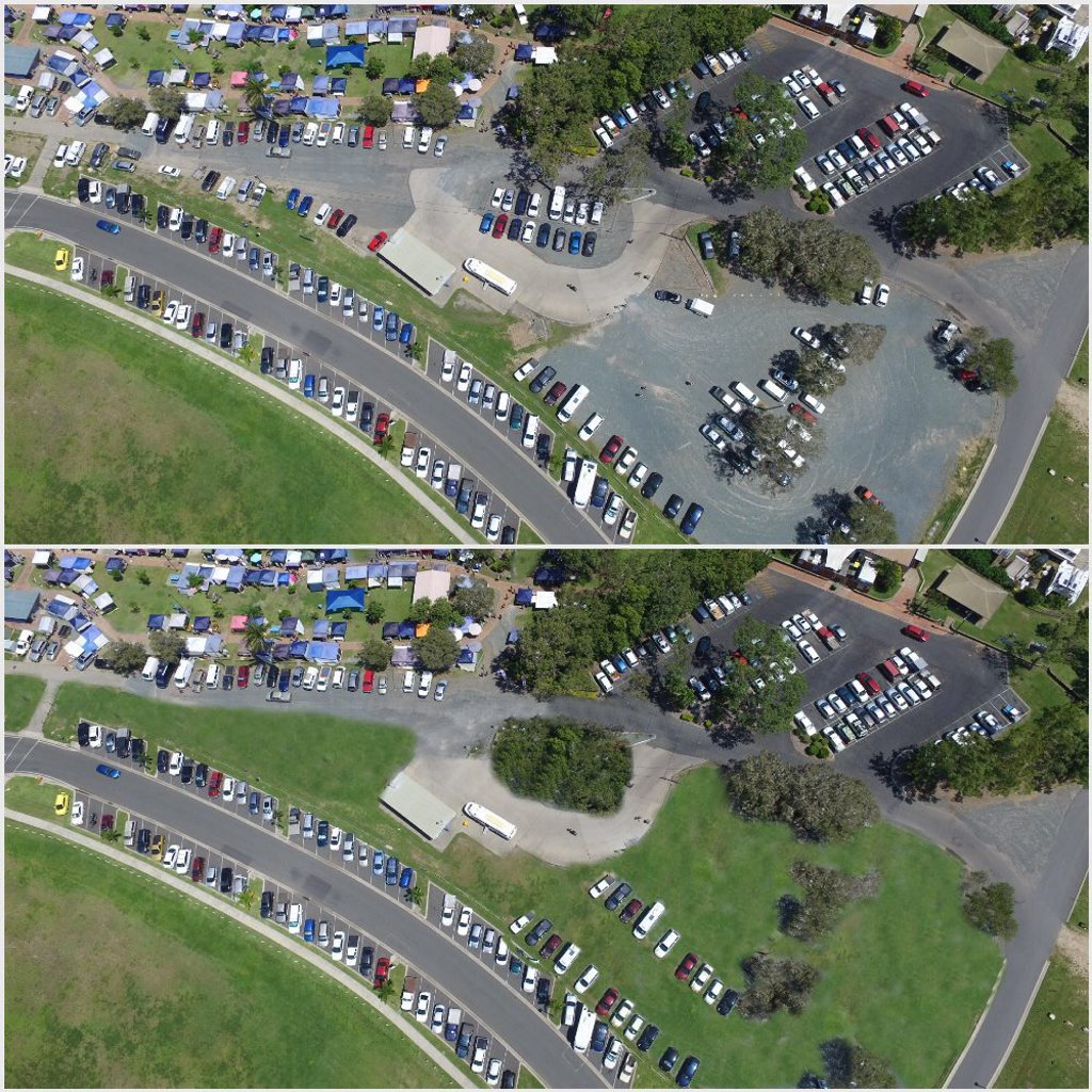 BEFORE AND AFTER: An aerial shot of the current Airlie Beach car park (top) and the suggested changes made by the Whitsunday Lions Club (bottom) which would see the concreted area grassed and covered in a mesh material to allow cars to park on top. Photo contributed.