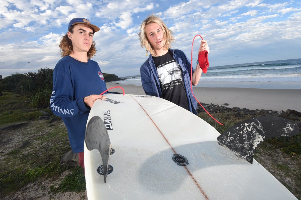 Curran See and Harris Lake, both 18, were waiting for a set at Sharpes Beach on Tuesday when they were both attacked by an aggressive white shark. Curran See and Harris Lake, both 18, were waiting for a set at Sharpes Beach on Tuesday when they were both attacked by an aggressive white shark.