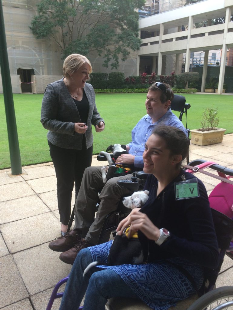 Happy Paws Happy Hearts clients Tim and Charne with RSPCA puppies Flake and Crunchy and Disability Services Minister Coralee O'Rourke. Happy Paws Happy Hearts clients Tim and Charne with RSPCA puppies Flake and Crunchy and Disability Services Minister Coralee O'Rourke.