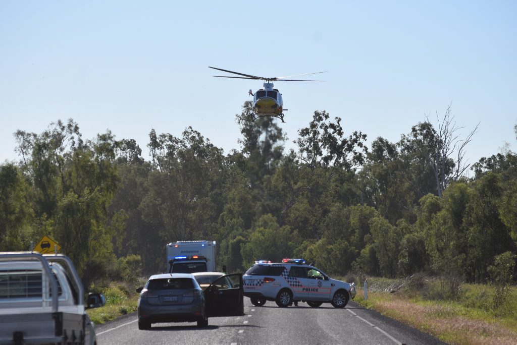 The RACQ CQ Rescue chopper leaves the accident scene bound for Rockhampton Hospital. Photo Andrew Thorpe / Central Telegraph The RACQ CQ Rescue chopper leaves the accident scene bound for Rockhampton Hospital. Photo Andrew Thorpe / Central Telegraph