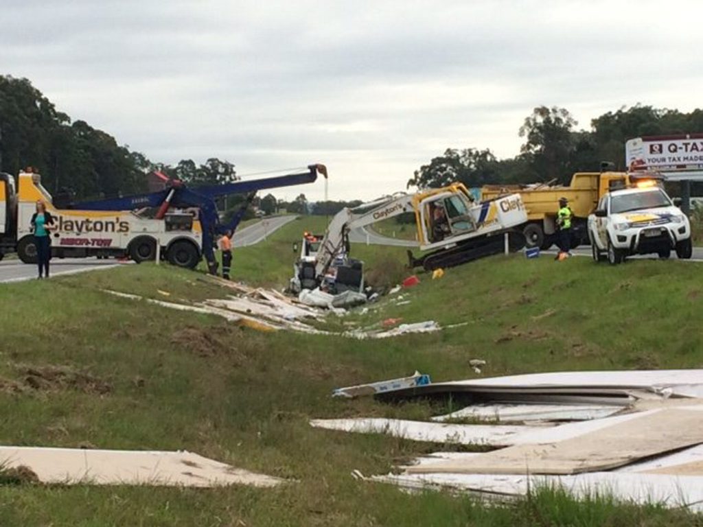 The truck that rolled on the Bruce Hwy at Palmview this morning was smashed to pieces. The truck that rolled on the Bruce Hwy at Palmview this morning was smashed to pieces.