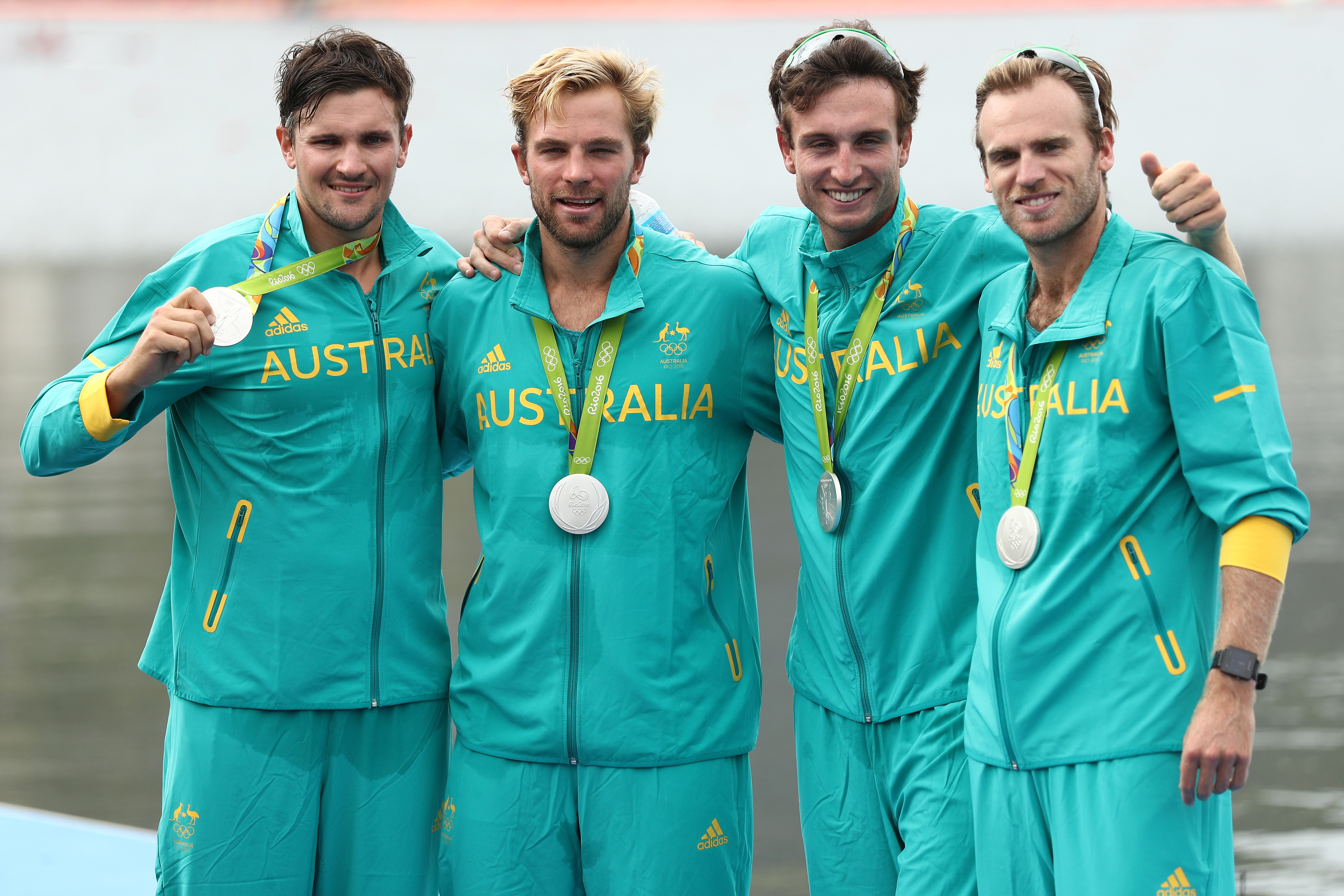RIO DE JANEIRO, BRAZIL - AUGUST 12: Silver medalists William Lockwood, Joshua Dunkley-Smith, Joshua Booth and Alexander Hill of Australia pose for photographs on the podium at the medal ceremony for the Men's Four on Day 7 of the Rio 2016 Olympic Games at Lagoa Stadium on August 12, 2016 in Rio de Janeiro, Brazil. (Photo by Patrick Smith/Getty Images) RIO DE JANEIRO, BRAZIL - AUGUST 12: Silver medalists William Lockwood, Joshua Dunkley-Smith, Joshua Booth and Alexander Hill of Australia pose for photographs on the podium at the medal ceremony for the Men's Four on Day 7 of the Rio 2016 Olympic Games at Lagoa Stadium on August 12, 2016 in Rio de Janeiro, Brazil. (Photo by Patrick Smith/Getty Images)