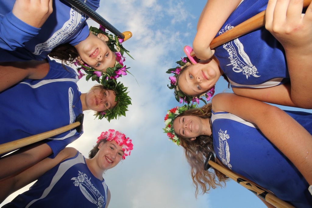 Sienna Pannett, Sahara Taylor-Crane, Vania Ehrnst, Brooke Draper and Leila Pannett at the Outrigger Challenge. Photo Peter Carruthers / Whitsunday Times