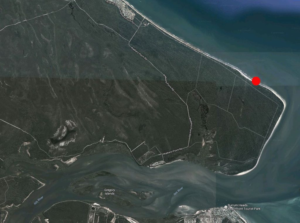 STRANDED WHALE: The rough position of a whale at Woodgate Beach near Burrum Point. STRANDED WHALE: The rough position of a whale at Woodgate Beach near Burrum Point.