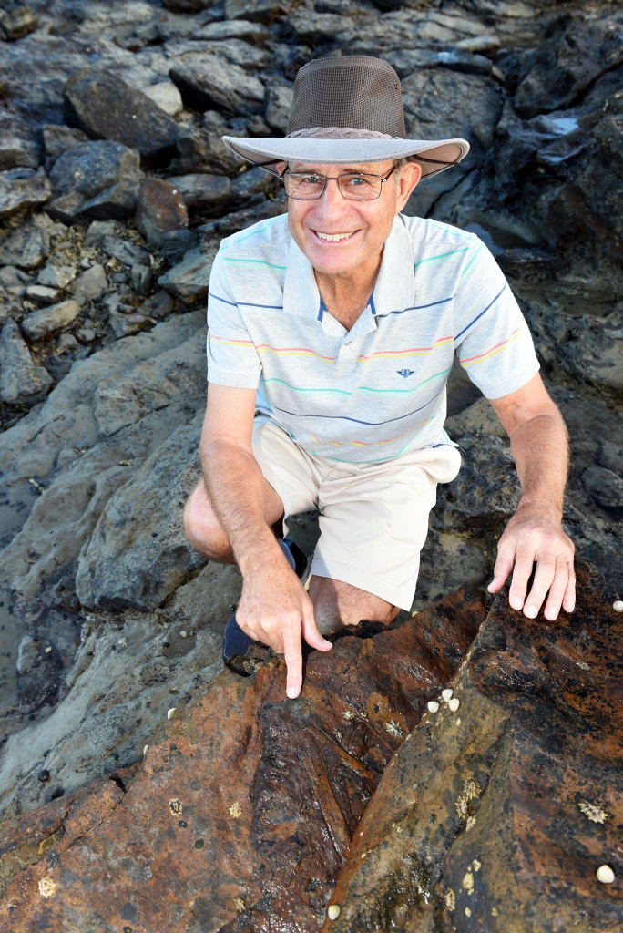 Richard Warden explains the uniqueness of the Point Vernon Coast Line - Six years of rock hopping has lead Warden to discover fossils that include suspected dinosaur footprints. Suspected femur and other bones could be fossilised in this rock. Richard Warden explains the uniqueness of the Point Vernon Coast Line - Six years of rock hopping has lead Warden to discover fossils that include suspected dinosaur footprints. Suspected femur and other bones could be fossilised in this rock.