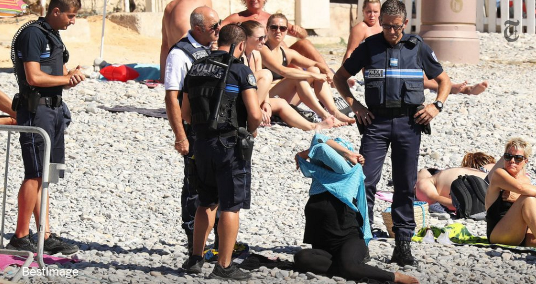 A woman was forced to strip off her bikini on a beach in France. Source Twiiter. A woman was forced to strip off her bikini on a beach in France. Source Twiiter.