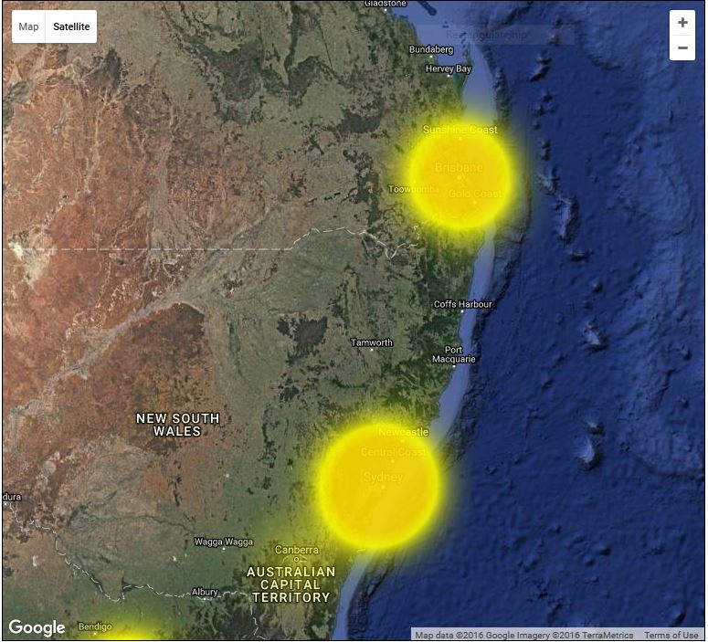A map showing the current areas affected by Telstra service outages.