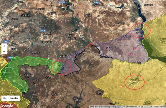 Turkish-backed rebels have been closing in on Isis on two sides from Jarablus (circled in NE) and Al-Rai (circled to W), leaving only a tiny stretch still connecting Isis with the rest of the world. It became apparent Isis was losing control of the border area when the key town of Manbij (circled, SE) fell in early August Turkish-backed rebels have been closing in on Isis on two sides from Jarablus (circled in NE) and Al-Rai (circled to W), leaving only a tiny stretch still connecting Isis with the rest of the world. It became apparent Isis was losing control of the border area when the key town of Manbij (circled, SE) fell in early August