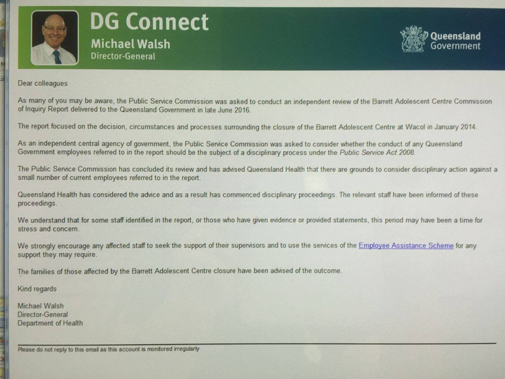 Email sent to Queensland Health staff from Director General Michael Walsh. Email sent to Queensland Health staff from Director General Michael Walsh.