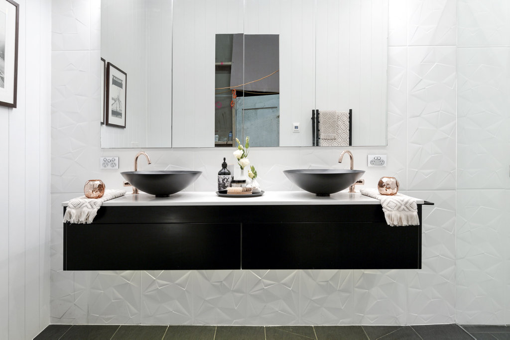 Will and Karlie's sophisticated guest bathroom in a scene from The Block. Will and Karlie's sophisticated guest bathroom in a scene from The Block.