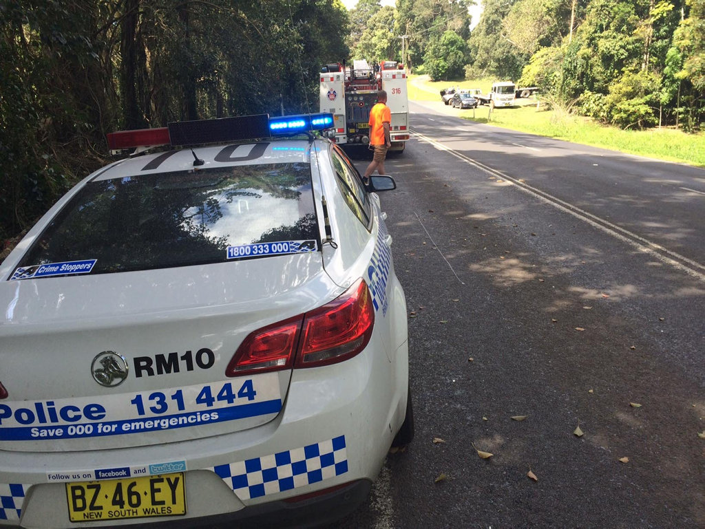 Emergency services on scene at a car crash on Bruxner Highway, Alphadale. Emergency services on scene at a car crash on Bruxner Highway, Alphadale.