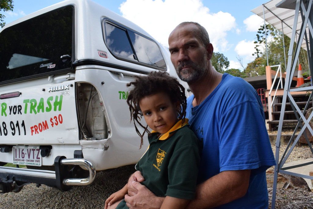 Yandina man Tom Matyas and his daughter Ester survey damage to Mr Matyas' four-wheel-drive he says occurred in a road rage incident. Yandina man Tom Matyas and his daughter Ester survey damage to Mr Matyas' four-wheel-drive he says occurred in a road rage incident.