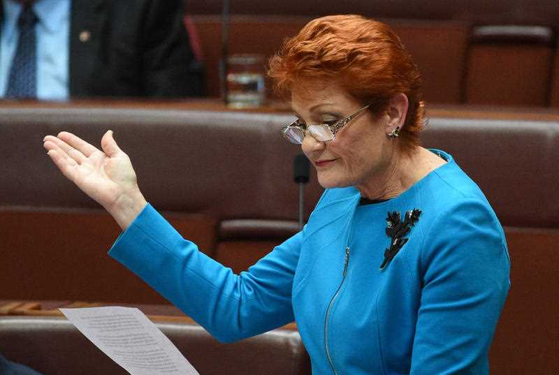 One Nation leader Senator Pauline Hanson makes her maiden speech in the Senate in Canberra, Wednesday, Sept. 14, 2016. One Nation leader Senator Pauline Hanson makes her maiden speech in the Senate in Canberra, Wednesday, Sept. 14, 2016.