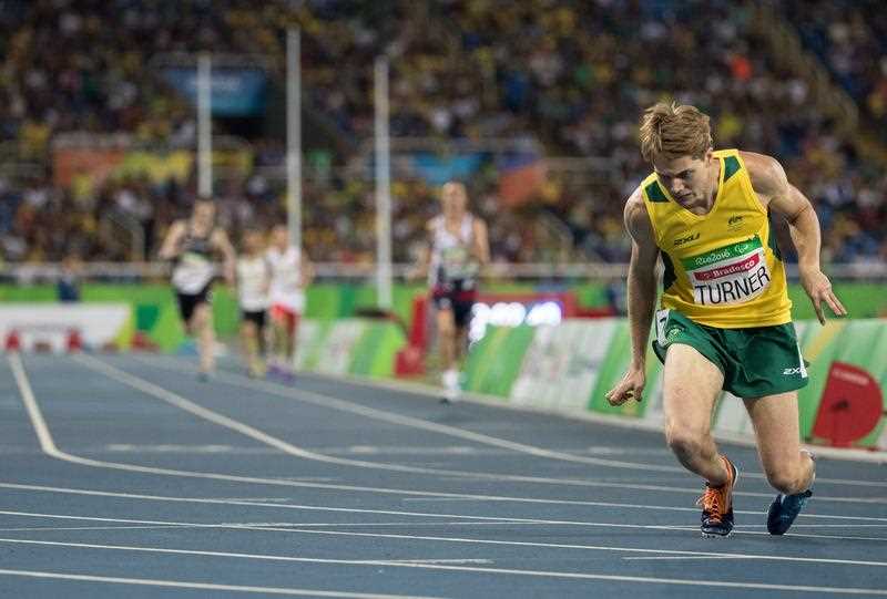 James Turner of Australia collapses after winning the Men's 800m - T36 Final with the World record of 2:02.39 during the Athletics competition at the Olympic Stadium during the he Paralympic Games, Rio de Janeiro, Brazil, Saturday 17th September 2016. James Turner of Australia collapses after winning the Men's 800m - T36 Final with the World record of 2:02.39 during the Athletics competition at the Olympic Stadium during the he Paralympic Games, Rio de Janeiro, Brazil, Saturday 17th September 2016.