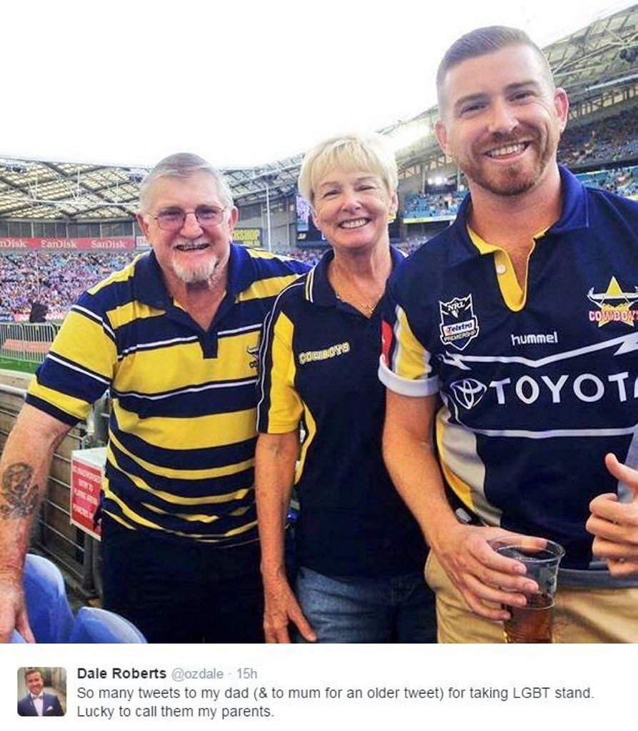 Dale Roberts, pictured with his parents Peter and Mary, has received thousands of likes on social media after his dad's post on George Christensen's page about 'homophobic' policies. Dale Roberts, pictured with his parents Peter and Mary, has received thousands of likes on social media after his dad's post on George Christensen's page about 'homophobic' policies.