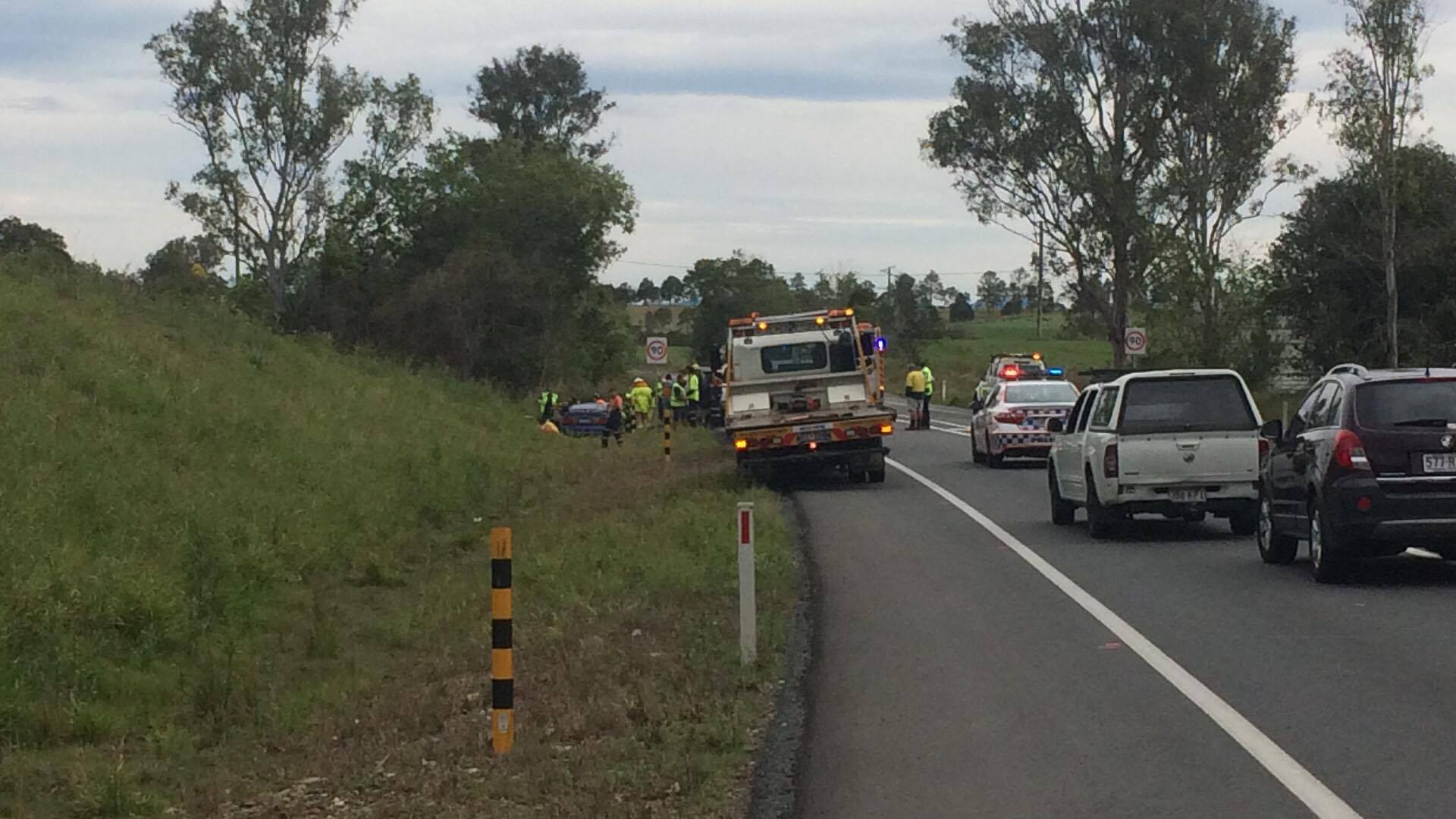 Emergency crews at a serious crash on the Bruce Hwy near Kybong. Emergency crews at a serious crash on the Bruce Hwy near Kybong.