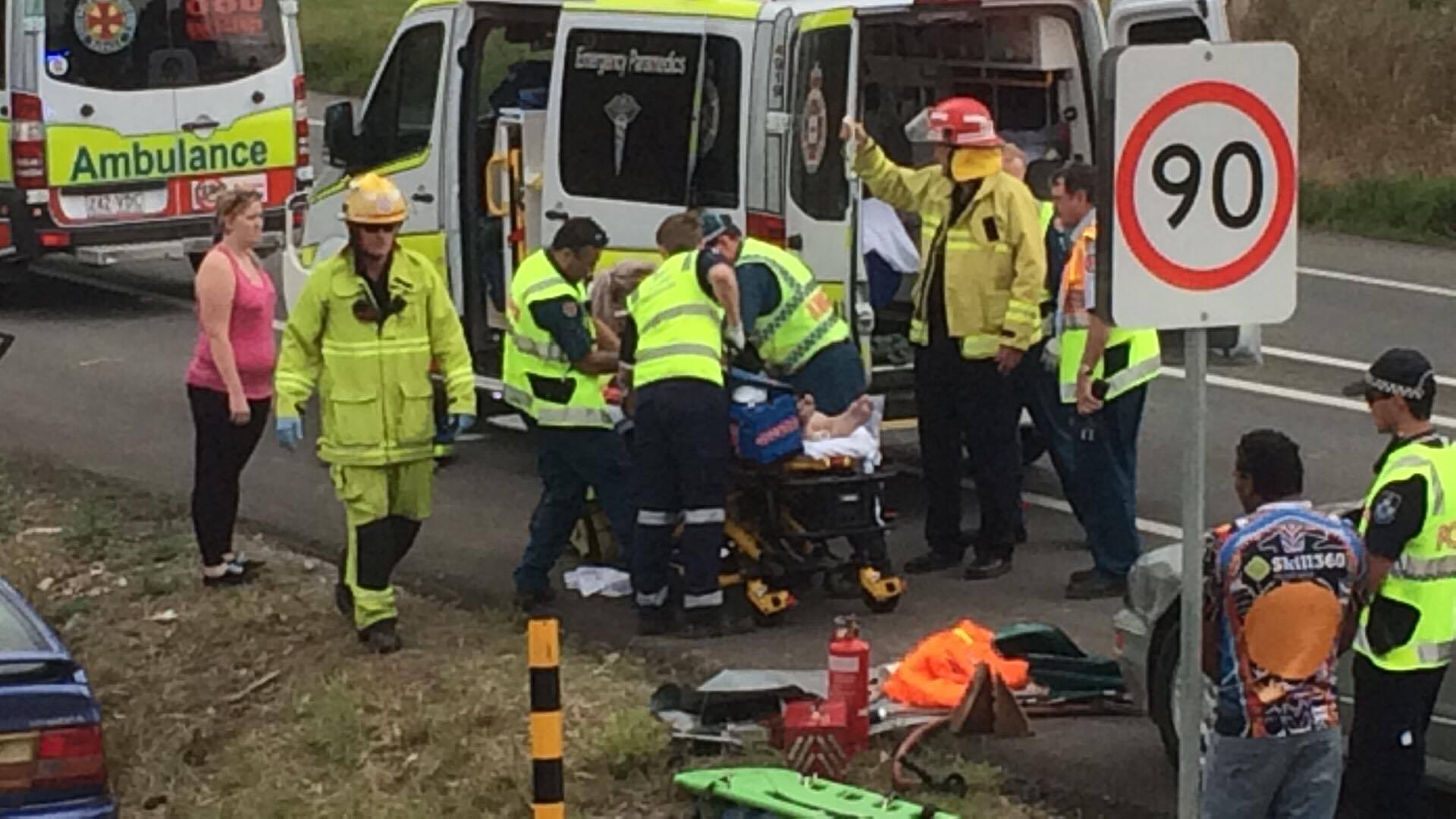 Emergency crews have freed a female occupant of the car that crashed on the Bruce Hwy near Kybong. Emergency crews have freed a female occupant of the car that crashed on the Bruce Hwy near Kybong.