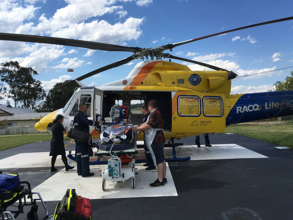 A MAN in his 40s has been airlifted by RACQ LifeFlight Rescue after falling off a dirt bike at Cherbourg. A MAN in his 40s has been airlifted by RACQ LifeFlight Rescue after falling off a dirt bike at Cherbourg.