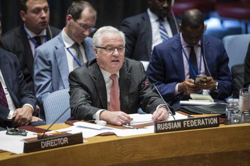 In this photo provided by the United Nations, Russia's U.N. Ambassador Vitaly Churkin address a security council meeting on Syria, Sunday Sept. 25, 2016, at U.N. headquarters. In this photo provided by the United Nations, Russia's U.N. Ambassador Vitaly Churkin address a security council meeting on Syria, Sunday Sept. 25, 2016, at U.N. headquarters.