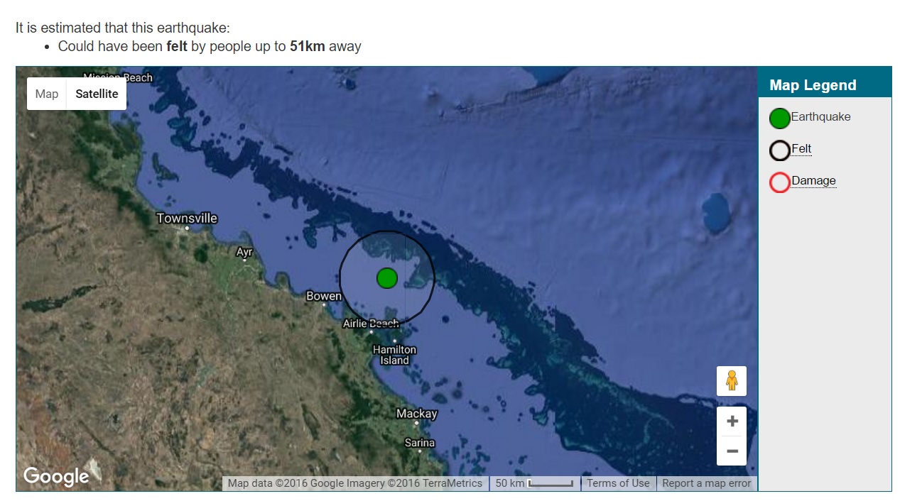 Geoscience Australia has recorded a 3.8 magnitude earthquake off Airlie Beach. Geoscience Australia has recorded a 3.8 magnitude earthquake off Airlie Beach.