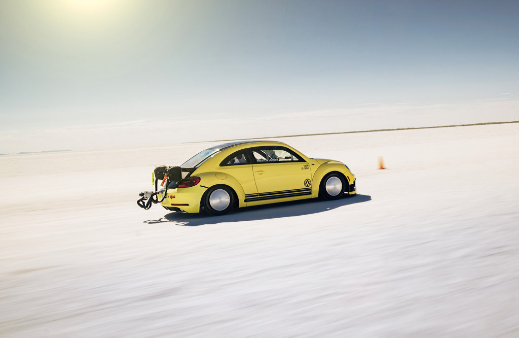 FLYING DUB: Production VW Beetle's 2.0-litre engine modified to 405kW to help break the 200mph barrier. FLYING DUB: Production VW Beetle's 2.0-litre engine modified to 405kW to help break the 200mph barrier.