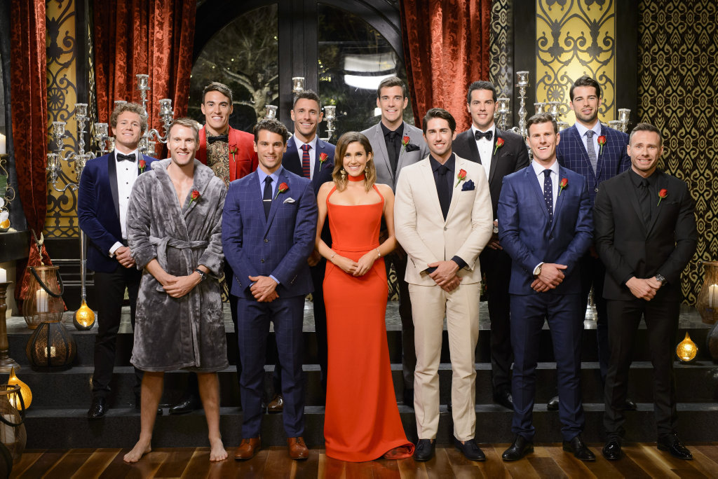 The Bachelorette Georgia Love, centre, with her top 11 bachelors. The Bachelorette Georgia Love, centre, with her top 11 bachelors.