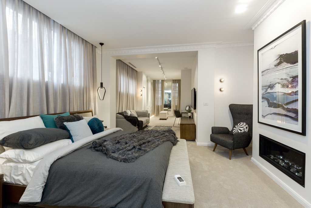Kim and Chris's winning master bedroom and dressing room in a scene from The Block. Kim and Chris's winning master bedroom and dressing room in a scene from The Block.