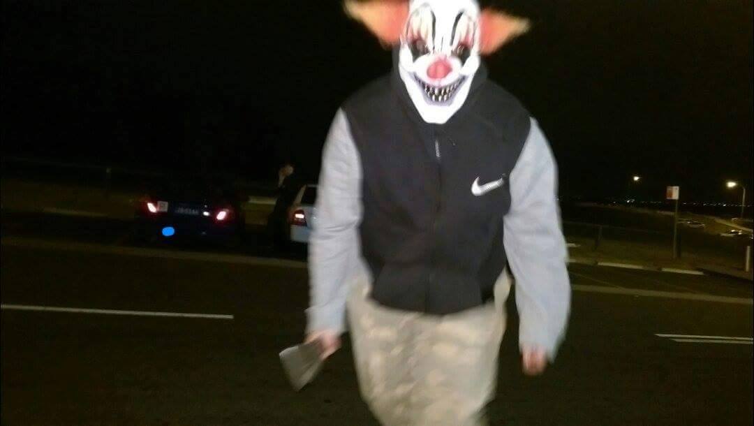 CLOWN FEARS: Clown allegedly armed with a machete-like knife. CLOWN FEARS: Clown allegedly armed with a machete-like knife.