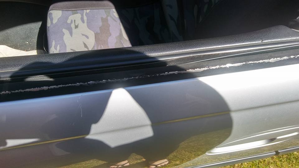 Damage to Tam Haworth's brother's car on Friday night. Damage to Tam Haworth's brother's car on Friday night.