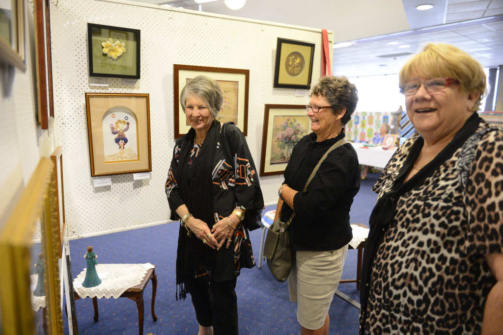 Coffs women (from left) Gillian Simpson, Robyne Bunter and Margaret Tozer were looking at the Jacaranda Embroidery Exhibition at the South Grafton District Exservicemen's Club on Saturday. Photo Debrah Novak / The Daily Examiner Coffs women (from left) Gillian Simpson, Robyne Bunter and Margaret Tozer were looking at the Jacaranda Embroidery Exhibition at the South Grafton District Exservicemen's Club on Saturday. Photo Debrah Novak / The Daily Examiner