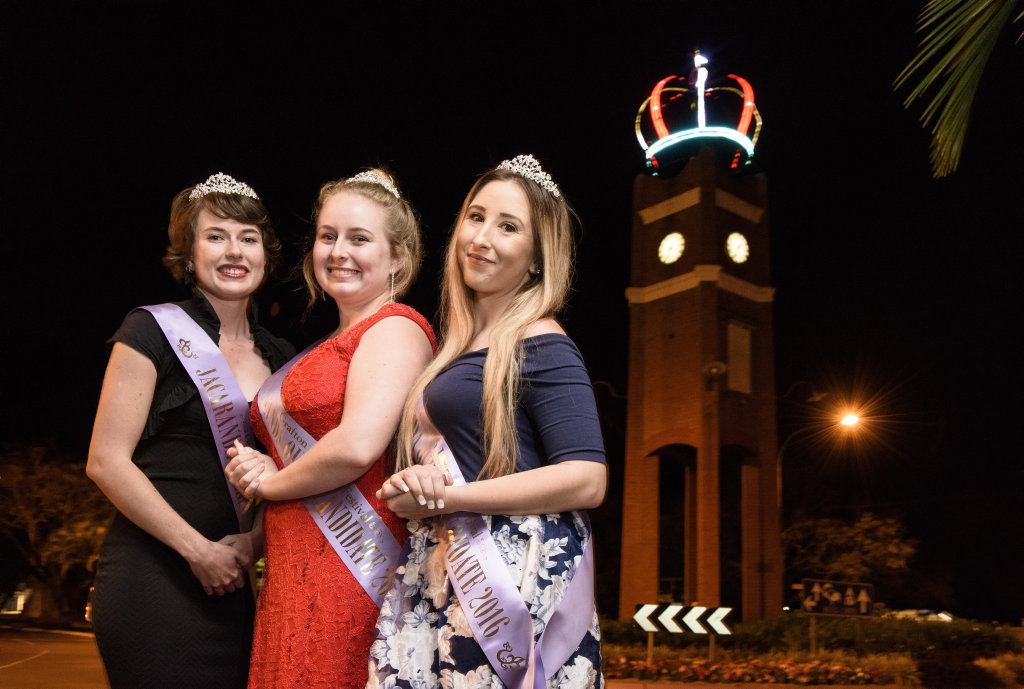 2016 Jacaranda candidates Sharni Wren, Heidi Madsen and Shannon Carter in front of the lit up Jacaranda Crown that was placed on top of the clocktower in preparation for the festival. 2016 Jacaranda candidates Sharni Wren, Heidi Madsen and Shannon Carter in front of the lit up Jacaranda Crown that was placed on top of the clocktower in preparation for the festival.
