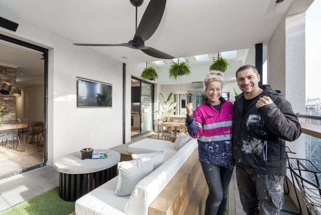 Kim and Chris pictured on their winning outdoor terrace in a scene from The Block. Kim and Chris pictured on their winning outdoor terrace in a scene from The Block.