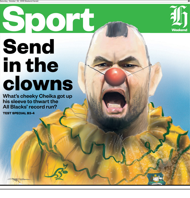 The New Zealand Herald back page featuring Cheika dressed up as a clown. Source NZ Herald. The New Zealand Herald back page featuring Cheika dressed up as a clown. Source NZ Herald.