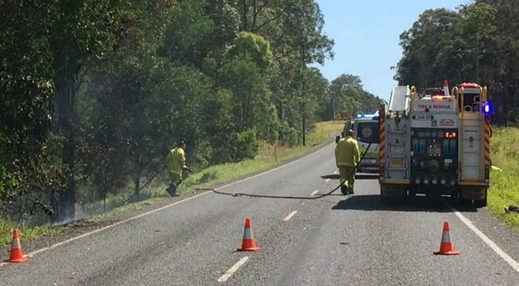 Emergency crews attending a crash on Tin Can Bay Rd on Thursday morning. Emergency crews attending a crash on Tin Can Bay Rd on Thursday morning.