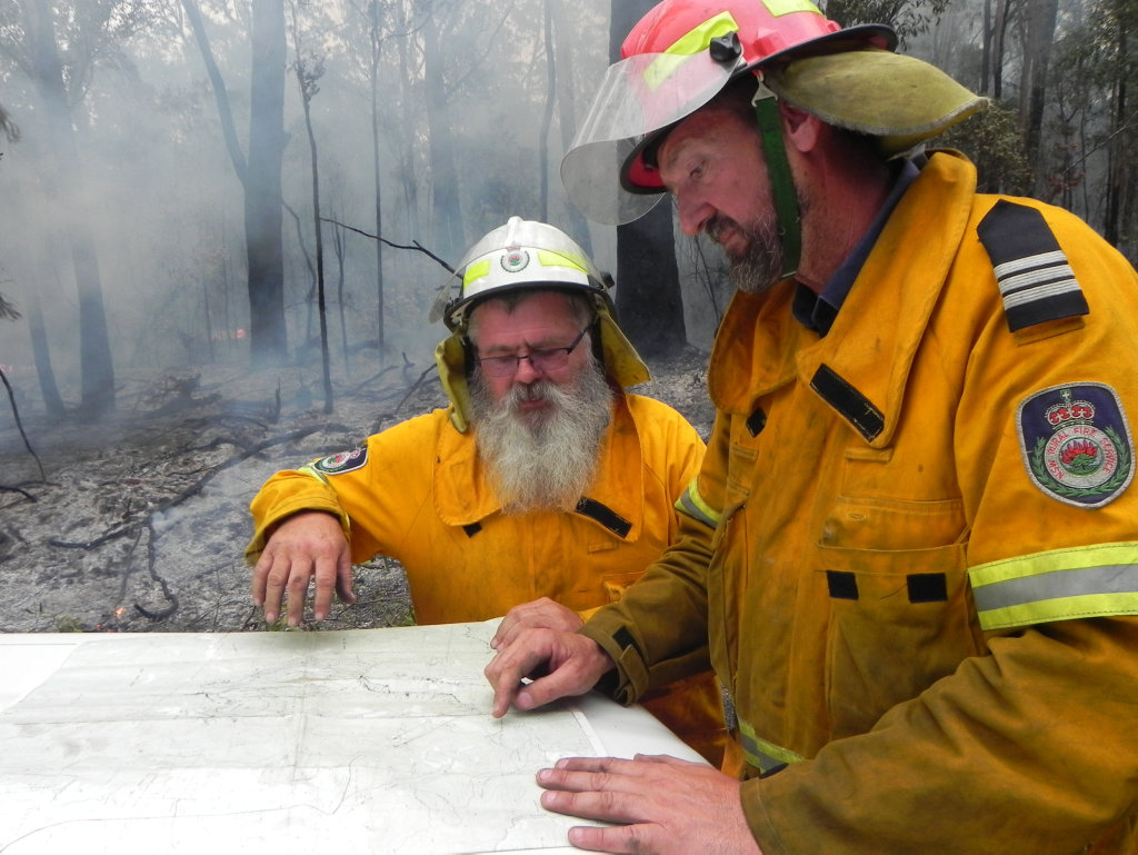 Lawrence RFS firefighter Darrell Binskin and Lawrence RFS captain Scott Campbell assess the bushfire in the Fortis Creek National Park north of Grafton on Friday, 28th October, 2016.Photo Bill North / Daily Examiner Lawrence RFS firefighter Darrell Binskin and Lawrence RFS captain Scott Campbell assess the bushfire in the Fortis Creek National Park north of Grafton on Friday, 28th October, 2016.Photo Bill North / Daily Examiner