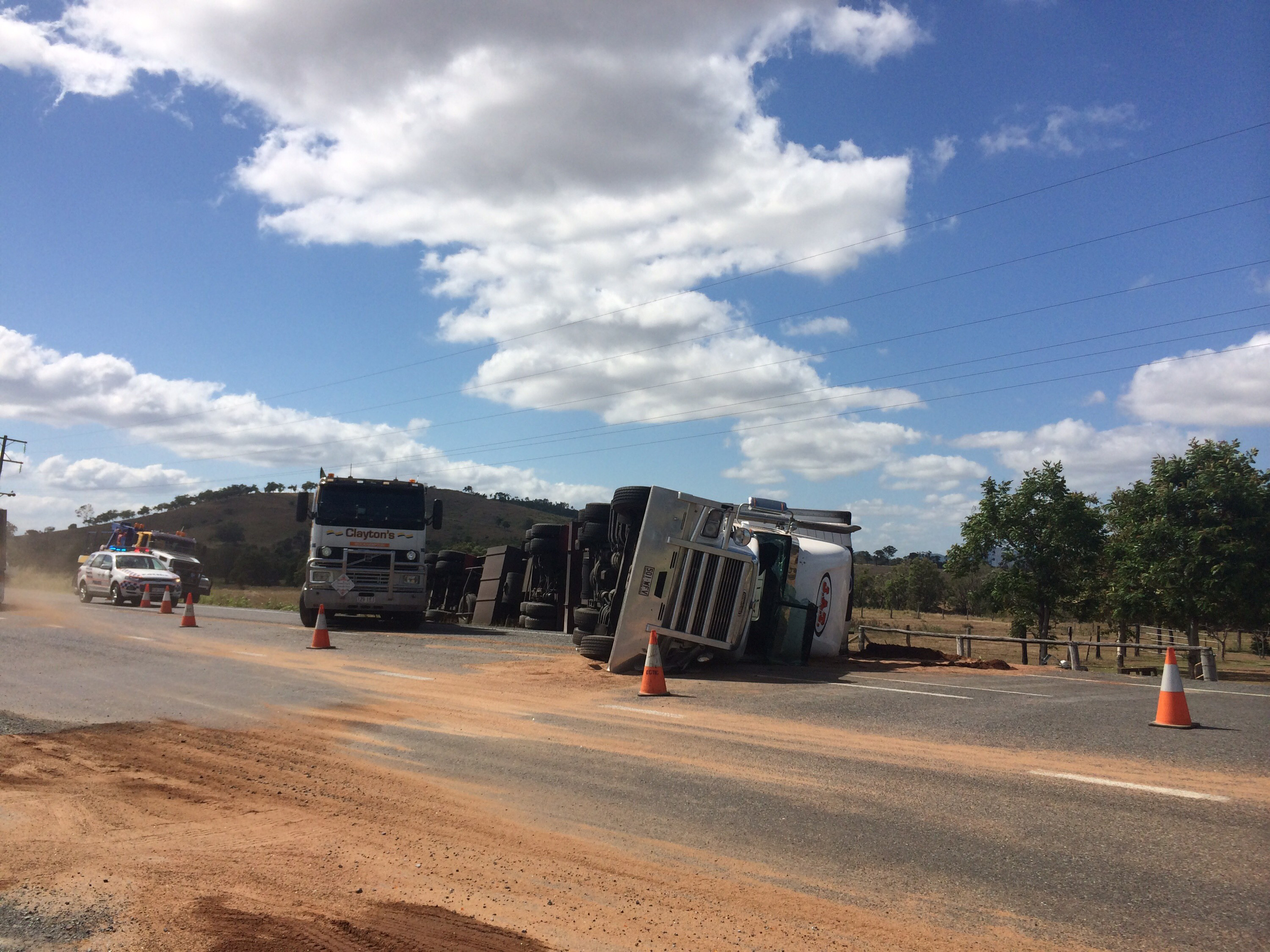 A truck rolled on the Bruce Hwy south of Rton this morning. A truck rolled on the Bruce Hwy south of Rton this morning.