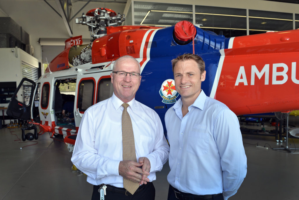 Five new helicopters valued at around $85 million have flow out of the Sunshine coast this month bound for emergency services operations in Victoria and Queensland following the installation of custom designed modifications delivered by award winning Caloundra based HeliMods. (LtoR) Mayor Mark Jamieson and Business owner Will Shrapnel. Photo Patrick Woods / Sunshine Coast Daily Five new helicopters valued at around $85 million have flow out of the Sunshine coast this month bound for emergency services operations in Victoria and Queensland following the installation of custom designed modifications delivered by award winning Caloundra based HeliMods. (LtoR) Mayor Mark Jamieson and Business owner Will Shrapnel. Photo Patrick Woods / Sunshine Coast Daily