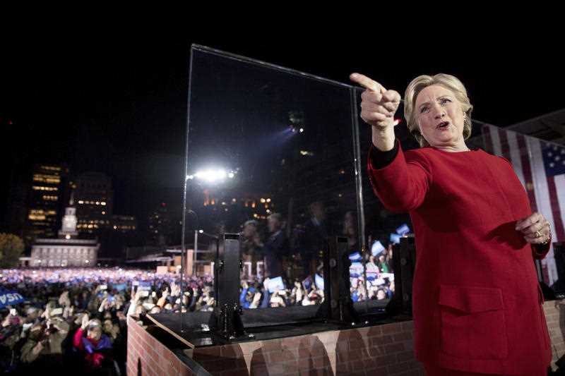 Democratic presidential candidate Hillary Clinton waves after speaking at a rally at Independence Mall in Philadelphia, Monday, Nov. 7, 2016. Democratic presidential candidate Hillary Clinton waves after speaking at a rally at Independence Mall in Philadelphia, Monday, Nov. 7, 2016.