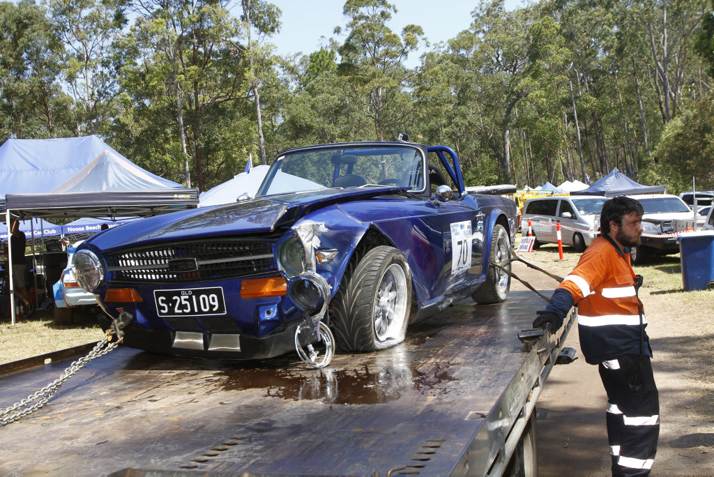 SAD END: A beautifully-prepared 1972 Triumph TR6 suffers heavy damage at the Noosa Hill Climb 2016 Summer Challenge. It was one of many to suffer an accident at what is regarded as Australia's Toughest Hill Climb. SAD END: A beautifully-prepared 1972 Triumph TR6 suffers heavy damage at the Noosa Hill Climb 2016 Summer Challenge. It was one of many to suffer an accident at what is regarded as Australia's Toughest Hill Climb.