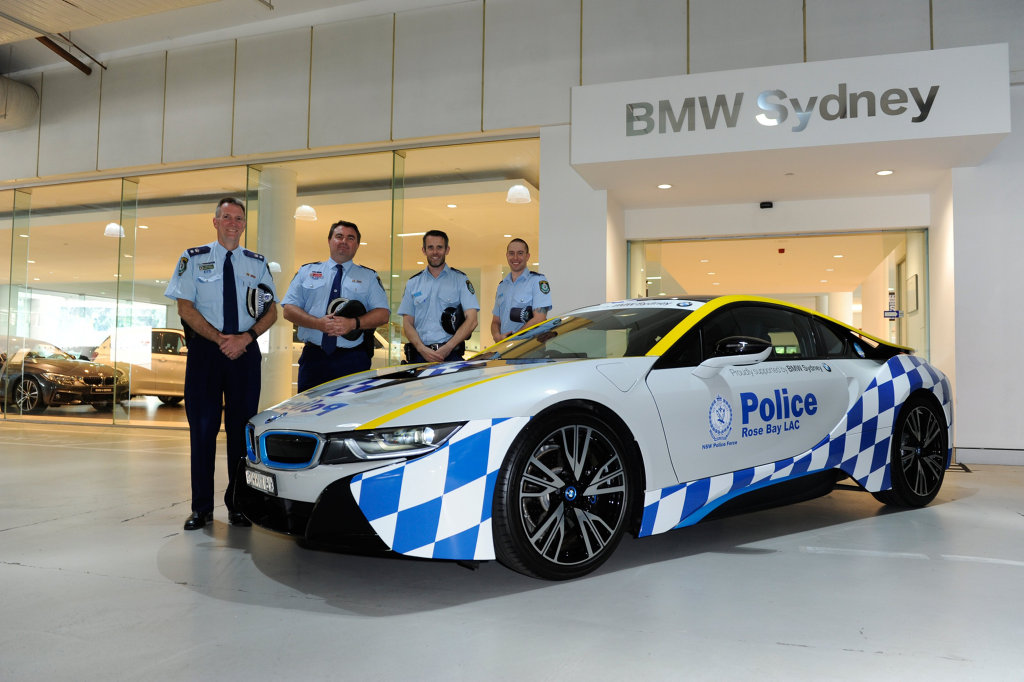 POLICE PRESENCE: NSW's Rose Bay Police Squad's $300,000 BMW i8 plug-in hybrid sports car. POLICE PRESENCE: NSW's Rose Bay Police Squad's $300,000 BMW i8 plug-in hybrid sports car.